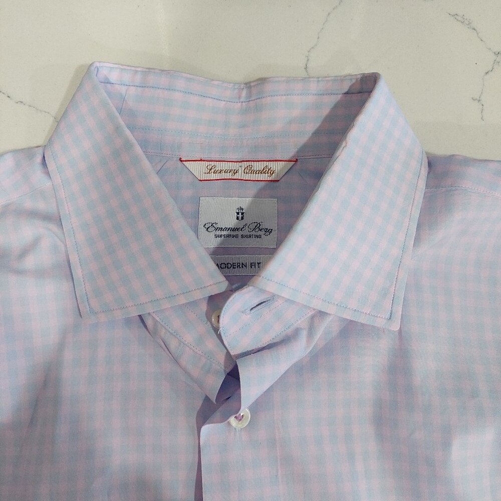 Emanuel Berg Men's Modern Fit Shirt 16.5 Italy pastel pink and blue check